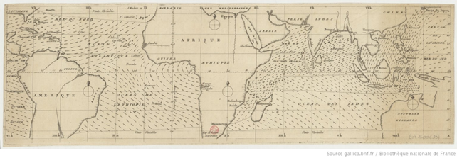Carte marine de 1787 marquant les courants marins dans l&rsquo;h&eacute;misph&egrave;re Sud